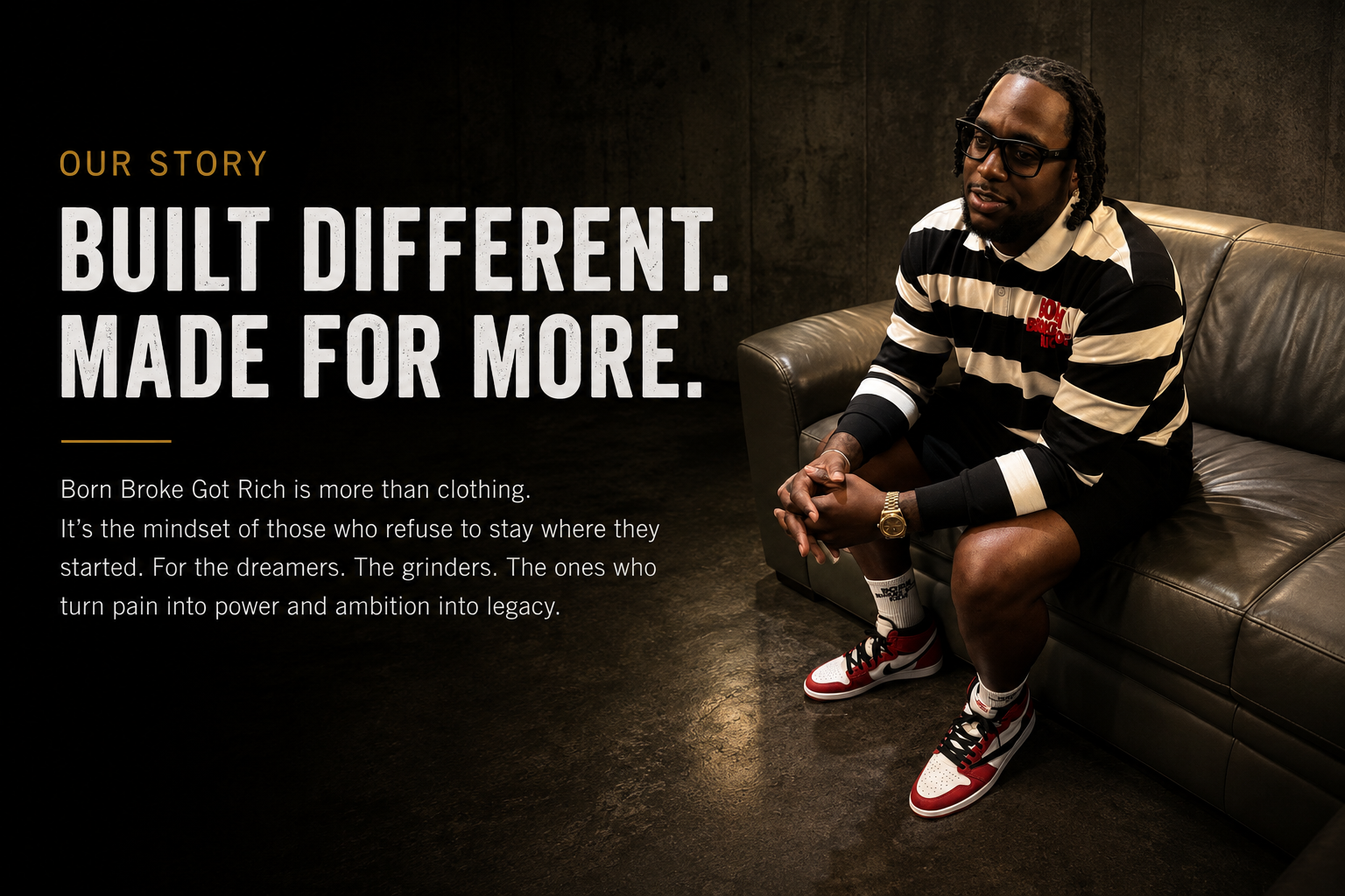 Born Broke Got Rich brand story showcasing luxury streetwear inspired by dreamers, grinders, and entrepreneurs.